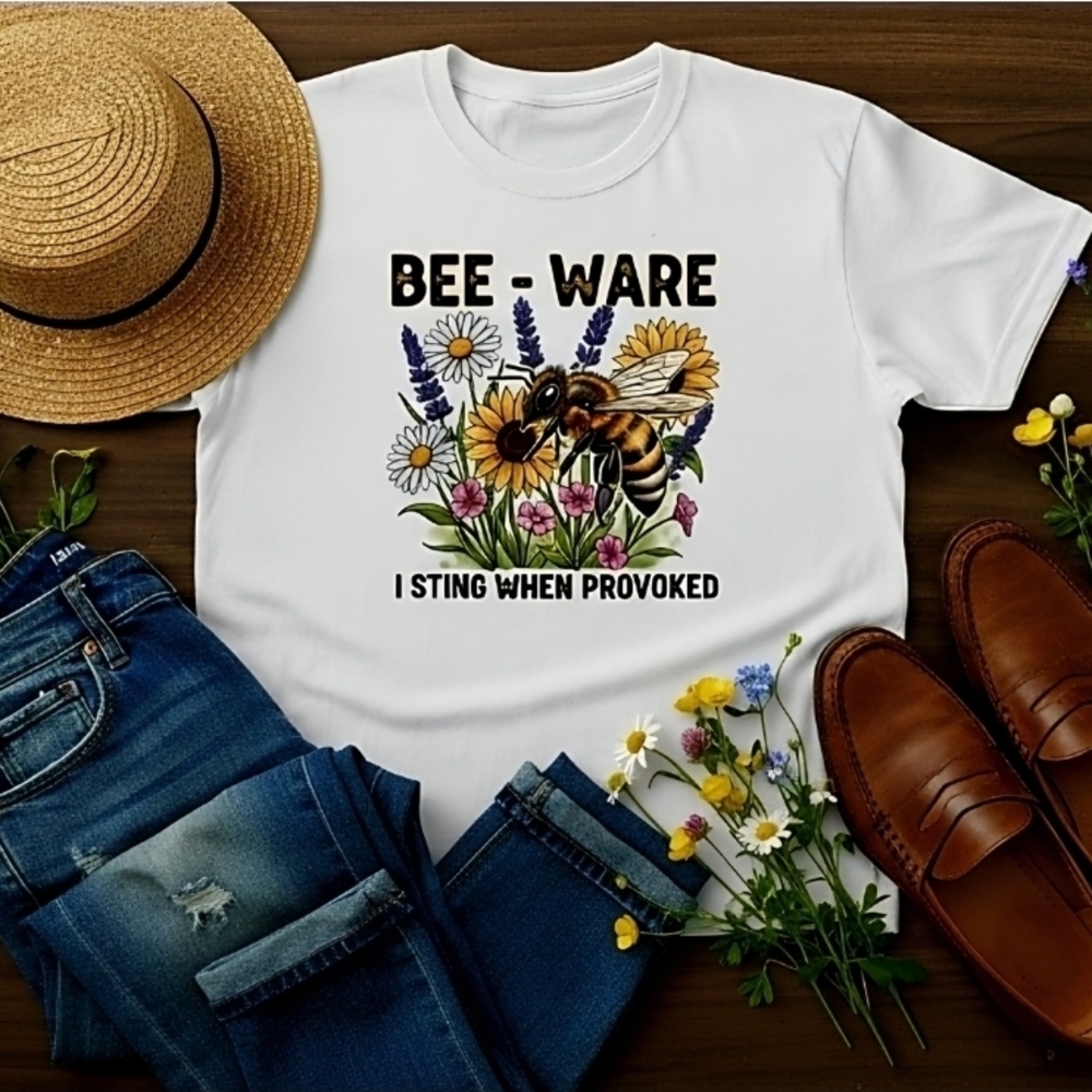 Bee‑Ware Graphic Tee | Funny Bee Shirt | Floral Nature Pun Tee | Unisex Casual